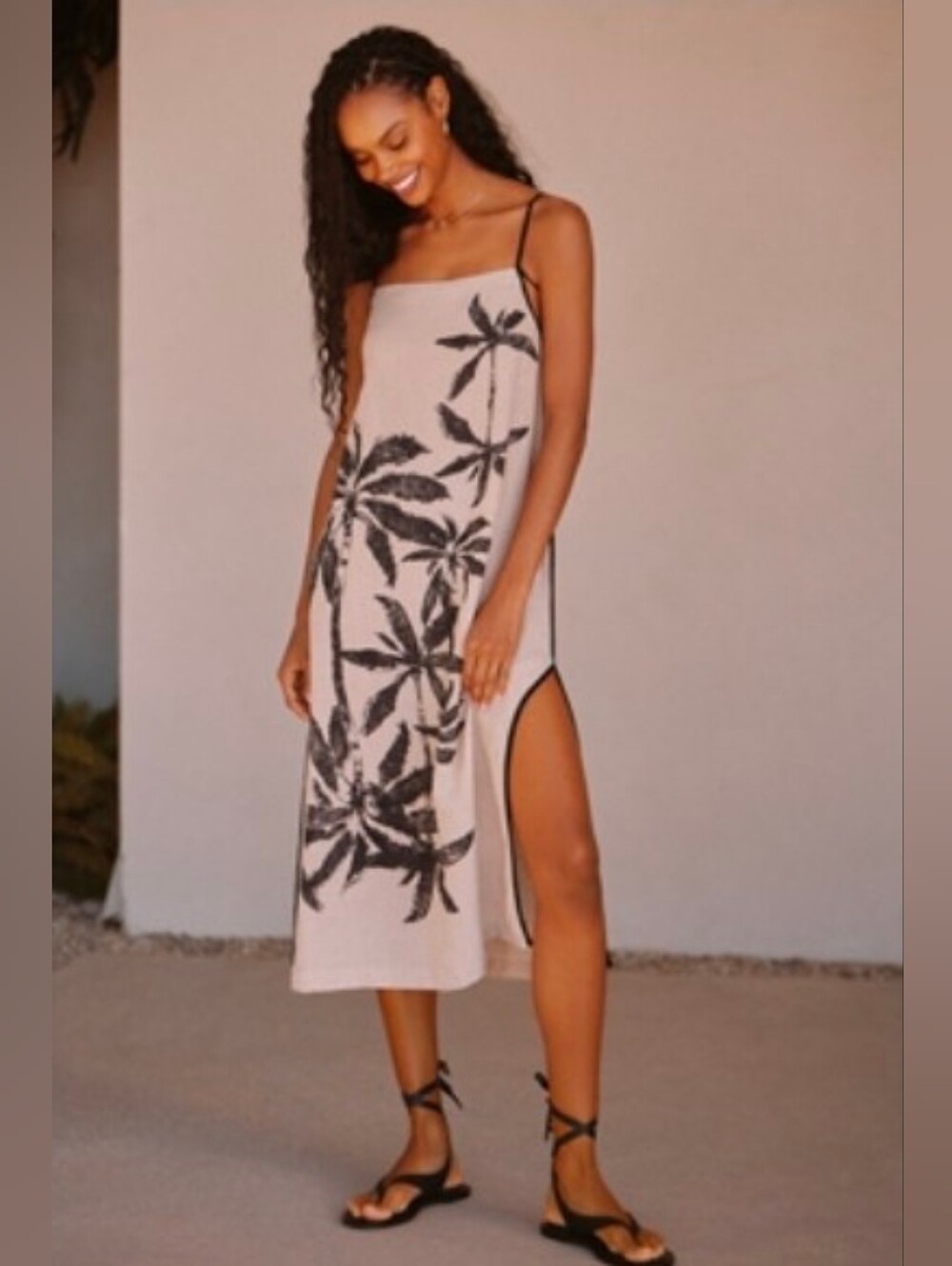 NWT Anthropologie Sleeveless Palm-Print Midi Dress in Beige and Black